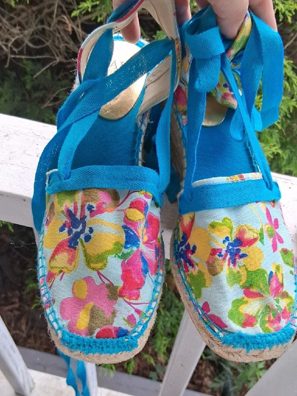 Anne Klein Floral Espadrille Sandals with Bright Blue Ties